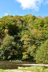 秋の山と川と青空