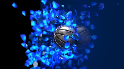 Metallic Silver Basketball crash blue lighting wall and the wall was cracked. 3D illustration. 3D CG. 3D high quality rendering.