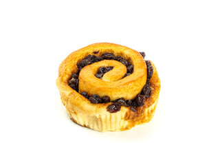 Roll with raisins on white background. One bun or cinnamon isolated picture. Homemade bakery concept.