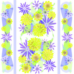 Abstract yellow and purple geometric star flowers on a white background
