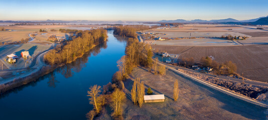 Aerial View of the Skagit River, Conway, Washington. The Skagit River is the largest river in Puget...