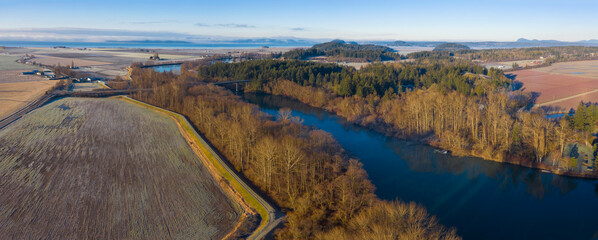 Aerial View of the Skagit River, Conway, Washington. The Skagit River is the largest river in Puget...