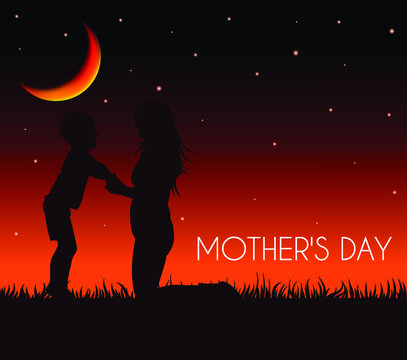Silhouettes of sunset view. Beauty cover concept. Vector illustration. Mother's day element. For background. Eps 10