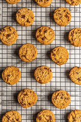 freshly baked Chocolate chip cookies on a marble countertop. Copy space.