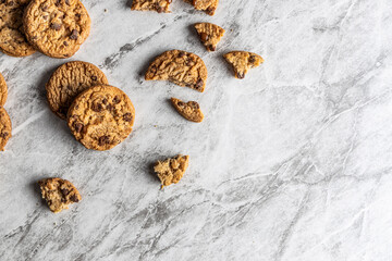 freshly baked Chocolate chip cookies on a marble countertop. Copy space.