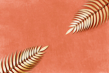 Golden palm branches on pink background.