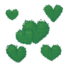 Fototapeta na wymiar Set of heart shaped shrubs isolated on a white background. Decorative plants. Love, health, ecology, conservation symbol. Valentine's day card template. Vector illustration. Summer, spring icons.