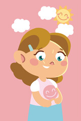 cute little girl sky clouds and sun cartoon, children