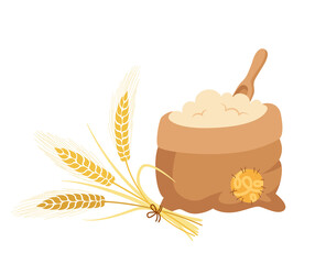 Bag of flour and bouquet of ears wheat, wooden scoop, cartoon composition. Heap flour, gold grain spikelets. Harvest agricultural symbol flour production. Bread and harvest design farm vector