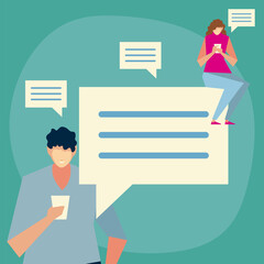 man and woman using smartphone sending message, sms, people and gadgets