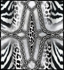 leopard pattern with chain design, black and white background