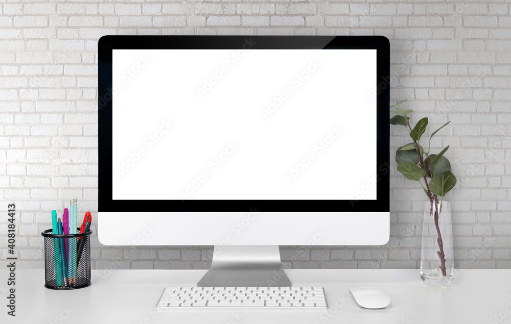 Poster mockup display screen blank computer on desk with white wall, office and workspace, monitor with emp