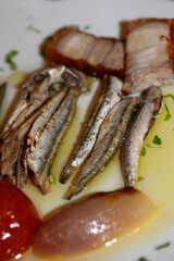 Sardines with oil tomato and onion macro background greek tradition food porn modern high quality prints