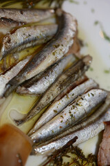 Sardines with oil tomato and onion macro background greek tradition food porn modern high quality prints