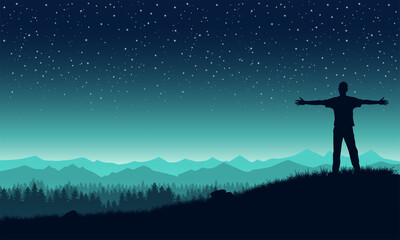 Obraz na płótnie Canvas A young man against a background of mountains or a valley, looks into the distance with his arms outstretched. Mountain landscape at night. Starry sky. Vector illustration.