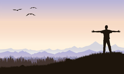 A young man against a background of mountains or a valley, looks into the distance with his arms outstretched. Mountain landscape. Vector illustration.