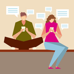 man and woman characters sitting using smartphones, people and gadgets