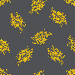 Seamless pattern with yellow spider mums on grey background