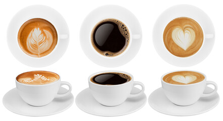 Top view and side view coffee cup collection, coffee cup assortment with shape sign collection isolated on white background. Save with clipping path