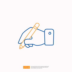 creativity related doodle icon concept writing hand with pencil symbol. Creative design, idea, Inspiration, brainstorming, startup and think stroke line vector illustration