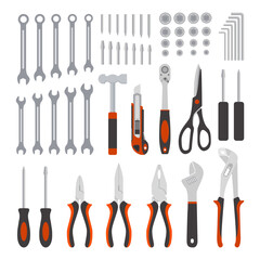 Flat design concept mechanical tools, mechanical tools collection and carpentry tools in red isolated on white background