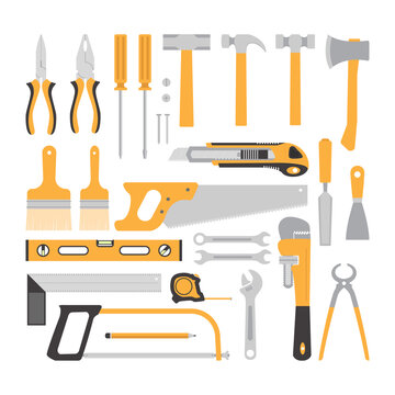 Carpentry Tools Flat Design Concept, yellow carpentry tools collection isolated on white background