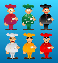 Fat male cartoon chef in uniform drinking coffee. Vector illustration.