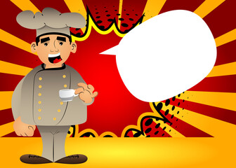 Fat male cartoon chef in uniform drinking coffee. Vector illustration.