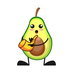 vector illustration of cute avocado fruit music or character playing saxophone. cute avocado fruit Concept White Isolated. Flat Cartoon Style Suitable for Landing Page, Banner, Flyer, Sticker.
