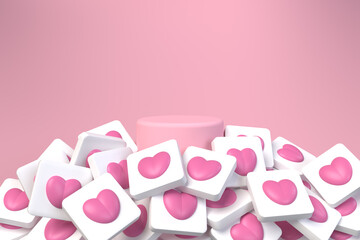 Luxury product podium stand with pink love heart icon stack and copy space background. Cosmetics product present mockup stage pedestal or platform. Trendy minimalist banner. 3D render illustration