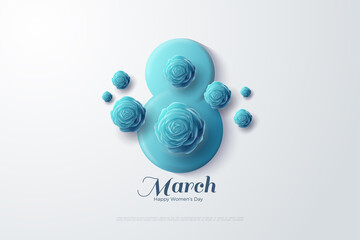 8 march background with blue 3d numbers and blue roses.