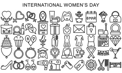 international womens day black outline icons set, symbols collection. Vector illustration March 8 for your design