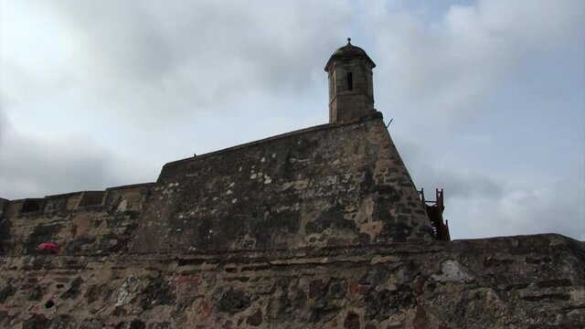 Walls of Castillo de San Felipe de Barajas and the watchtower, Cartagena, Colombia.