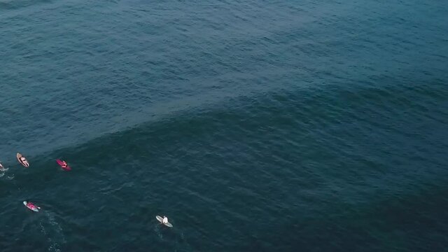 Drone aerial waves sunset surfers on ocean
