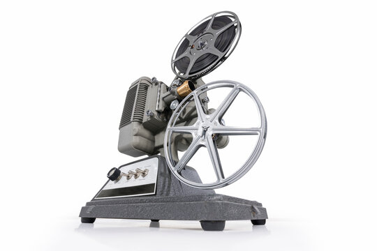 Vintage 8mm home movie film projector isolated on white.