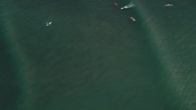 Drone aerial on sunset over surfers at beach
