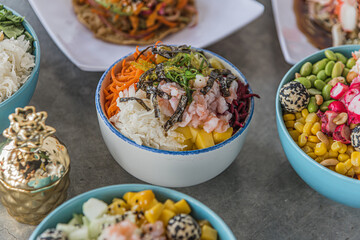 Top view composition of various Asian food in bow