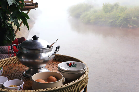 Khantok (food tray) Set of local food at Baan Sapan in Nan province, Thailand.