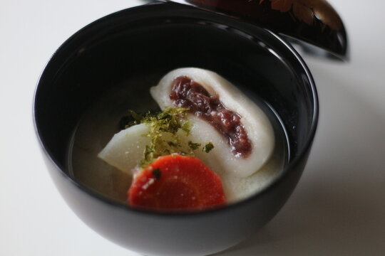 Zoni with Rice Cake stuffed with Bean Jam, Kagawa Prefecture, Japan
