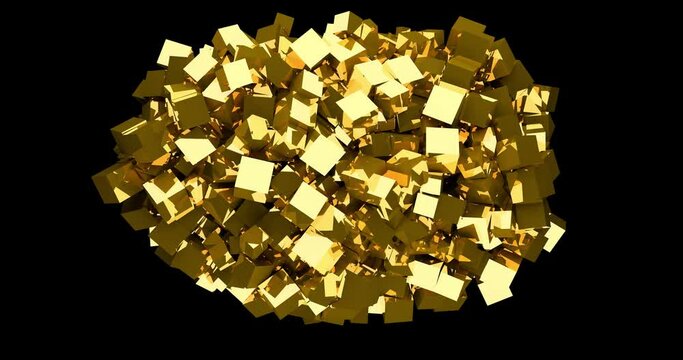 Abstract gold metallic background from cubes. 
Chaotically moving gold metal cubes, 3d render