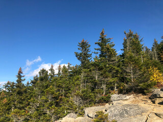 Fototapeta na wymiar There is a small glance of Doublehead mountain in Jackson, NH. There are lots of pine tree on the rock.