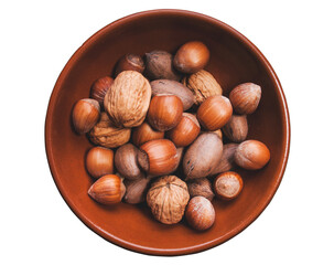 Bowl with different nuts, walnuts, hazelnuts and pecan, isolated on white