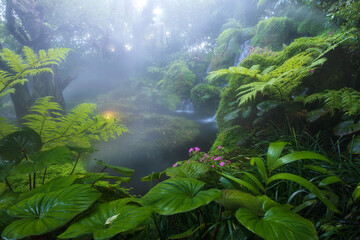 Fototapeta na wymiar Beautiful green garden with waterfall.