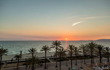 Sunset At The Beach Promenade Of Palma De Mallorca, Mallorca, Spain, Europe