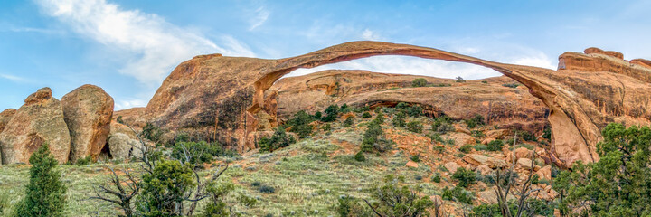 Spanning over three hundred feet, Landscape Arch is a rock formation of sandstone in the high Utah...