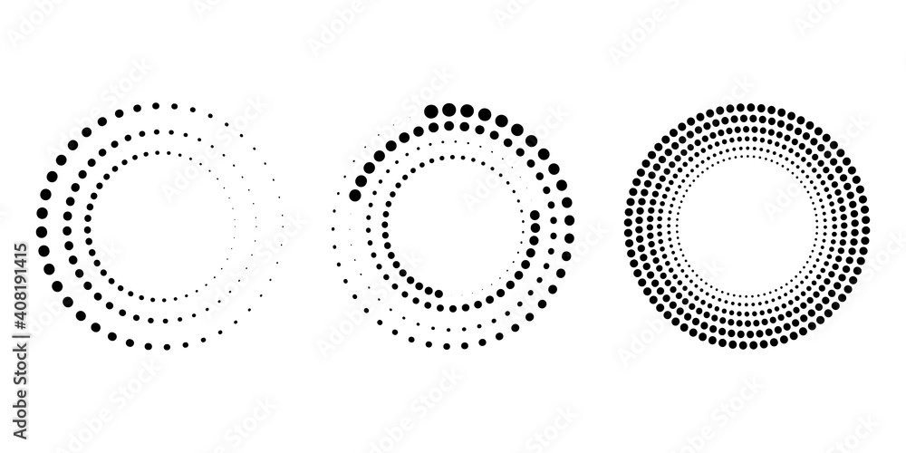 Poster halftone dots circle set. dot halftone gradient effect. pop-art texture. vector design banner. stock