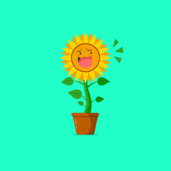 Sunflower character with mocking face isolated on a green background. Sunflower character emoticon illustration