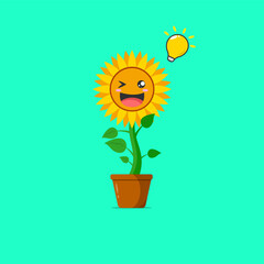 Sunflower character got an idea isolated on a green background. Sunflower character emoticon illustration
