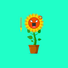 Sunflower character was angry isolated on a green background. Sunflower character emoticon illustration