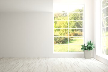 White empty room with summer landscape in window. Scandinavian interior design. 3D illustration
